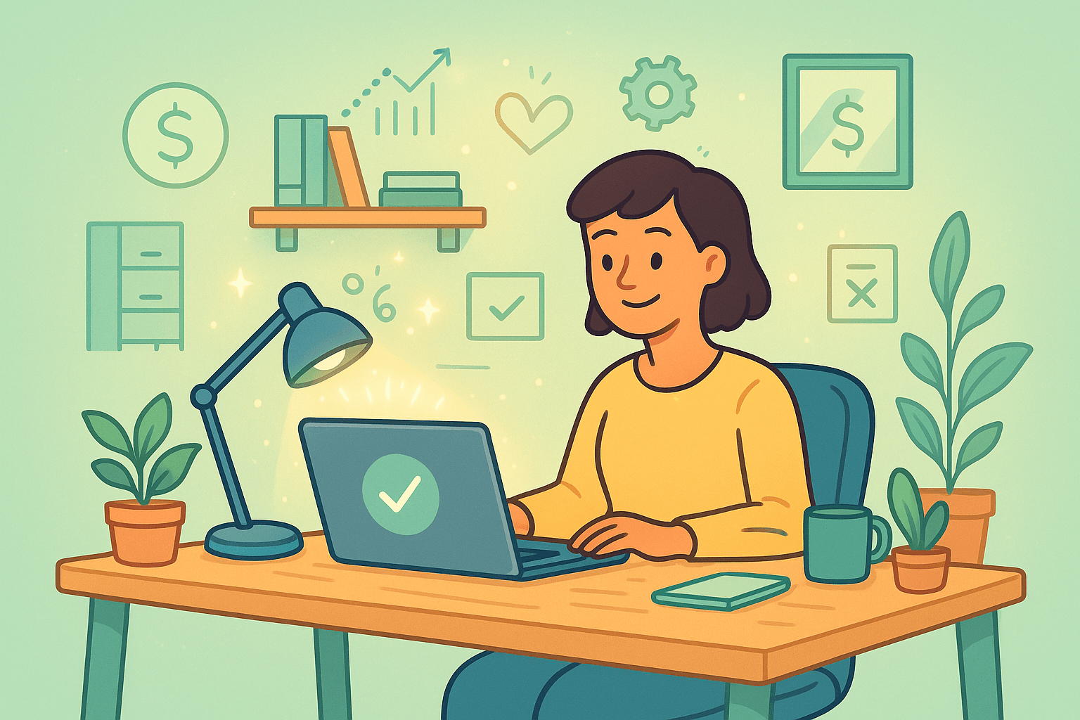 Illustration of a person working at a cozy and affordable home office setup to set up your home office on a budget