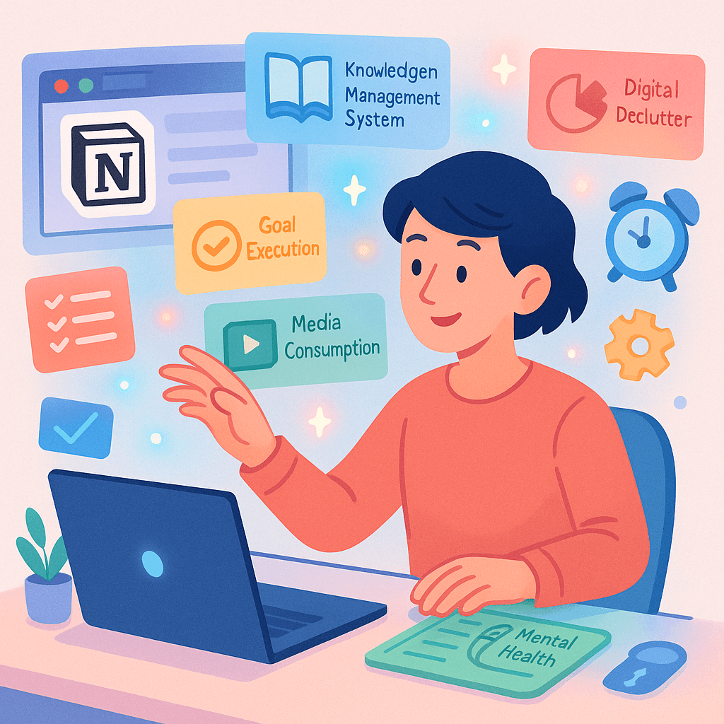 illustration of a person using underrated Notion templates to organize digital life, surrounded by glowing productivity icons and workspace cards.
