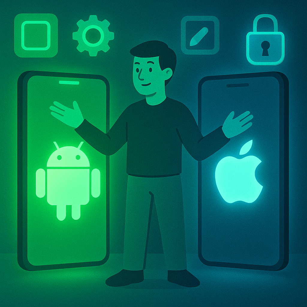 illustration of a person comparing Android and iOS smartphones, surrounded by app icons and customization features.